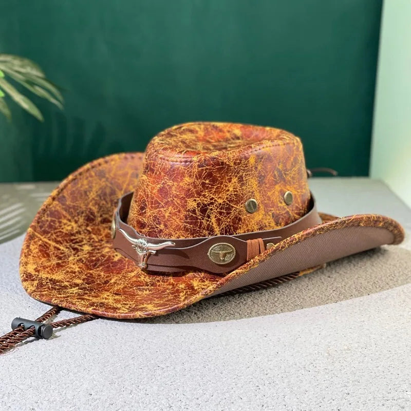 Cowboy Hat Stoneford™ in Premium Leather with a Distressed Finish and Metal Accents