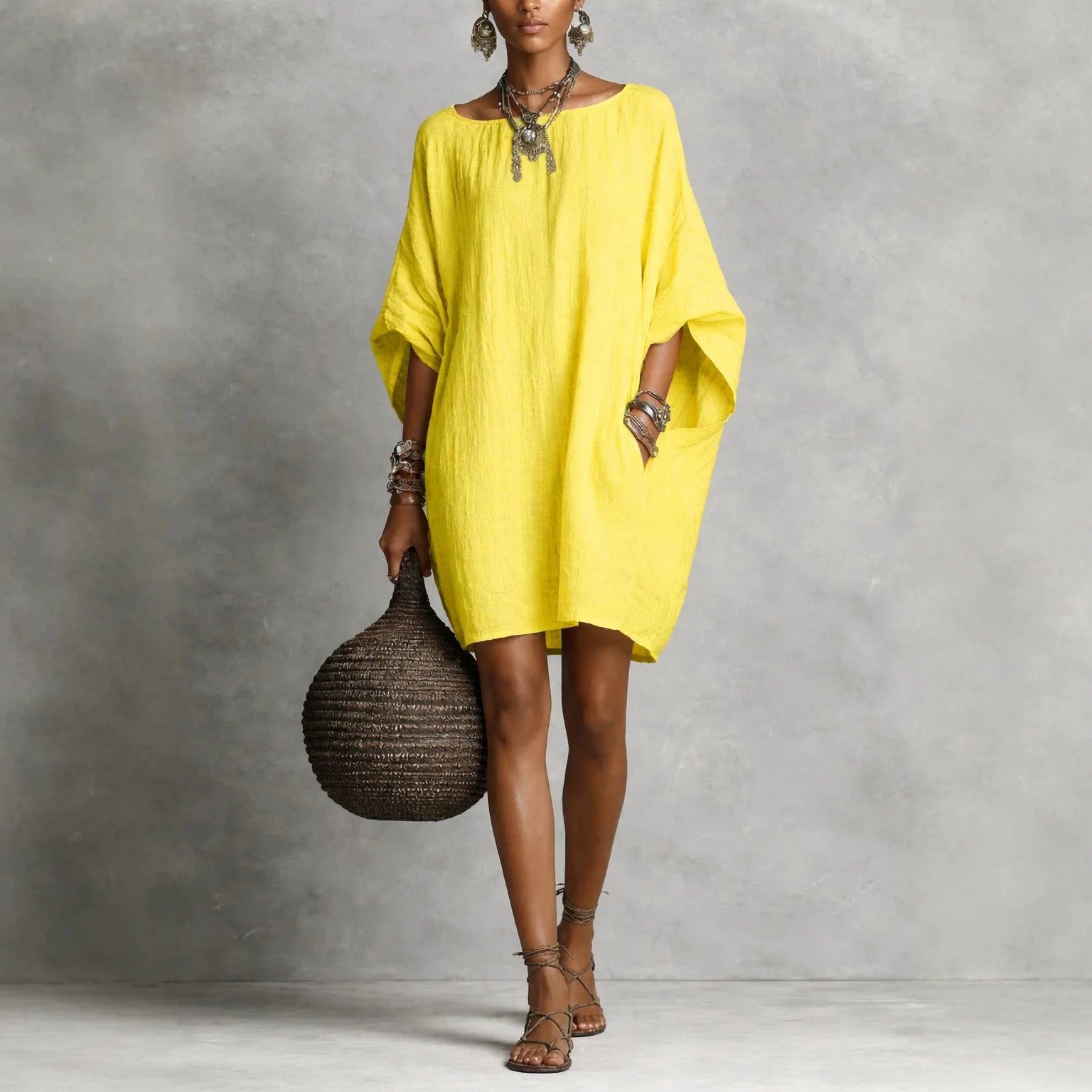 Lydia™ Cotton-Linen Dress with a Relaxed Fit and Round Neckline