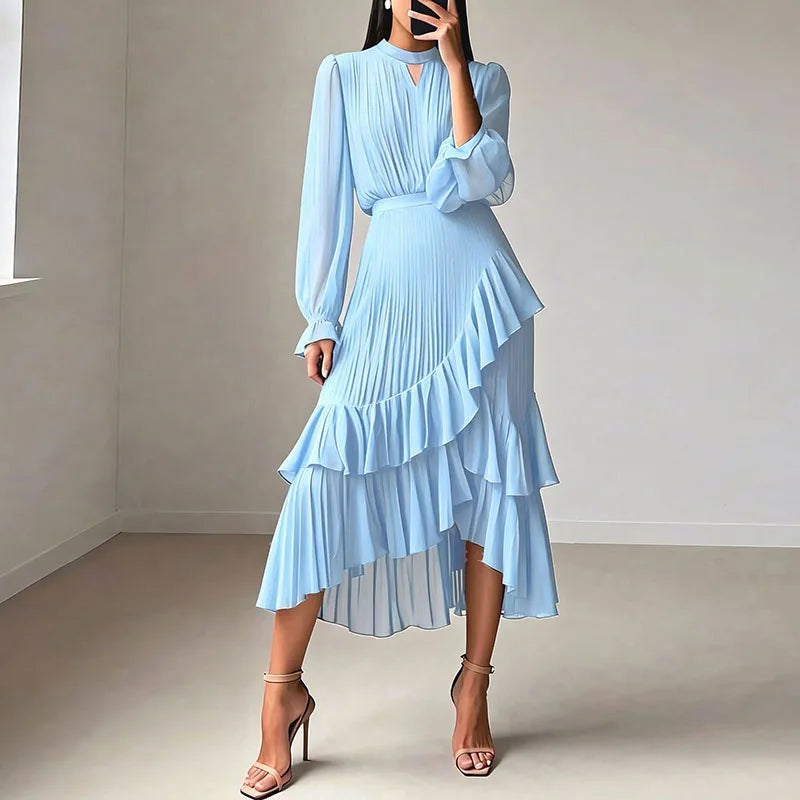 Lioren™ Dress with Sophisticated Pleats and Asymmetrical Ruffles