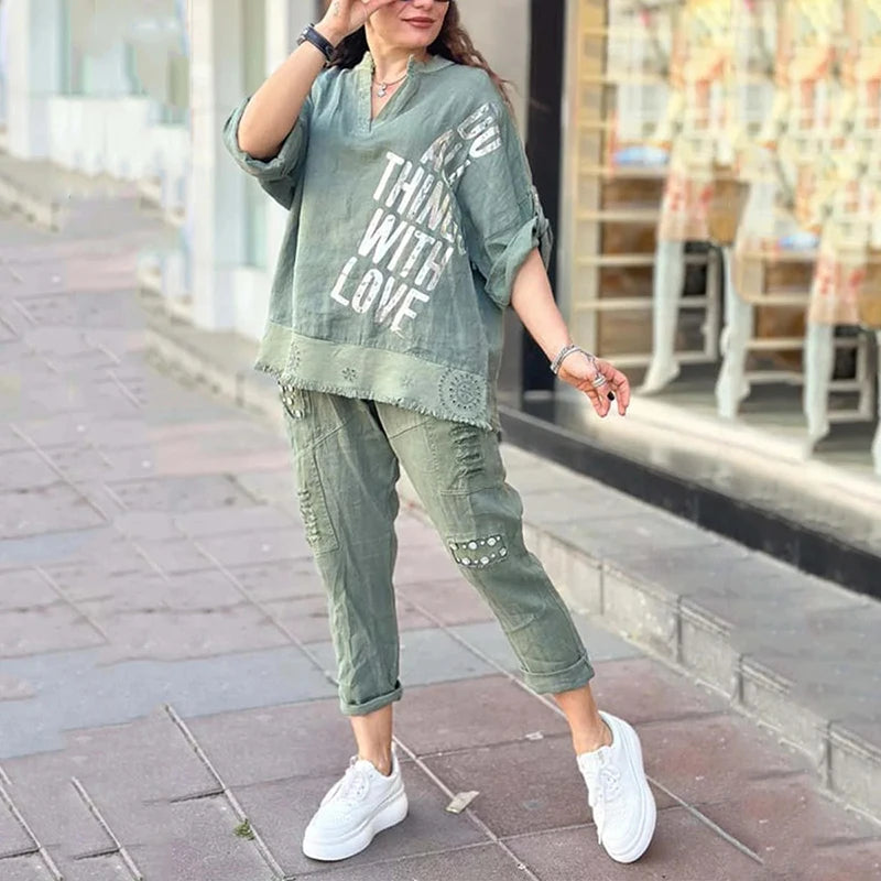 Vogue Street™ Cotton Linen Set with Metallic Print and Embroidered Cargo Pants / The Perfect Balance Between Comfort and Contemporary Style!