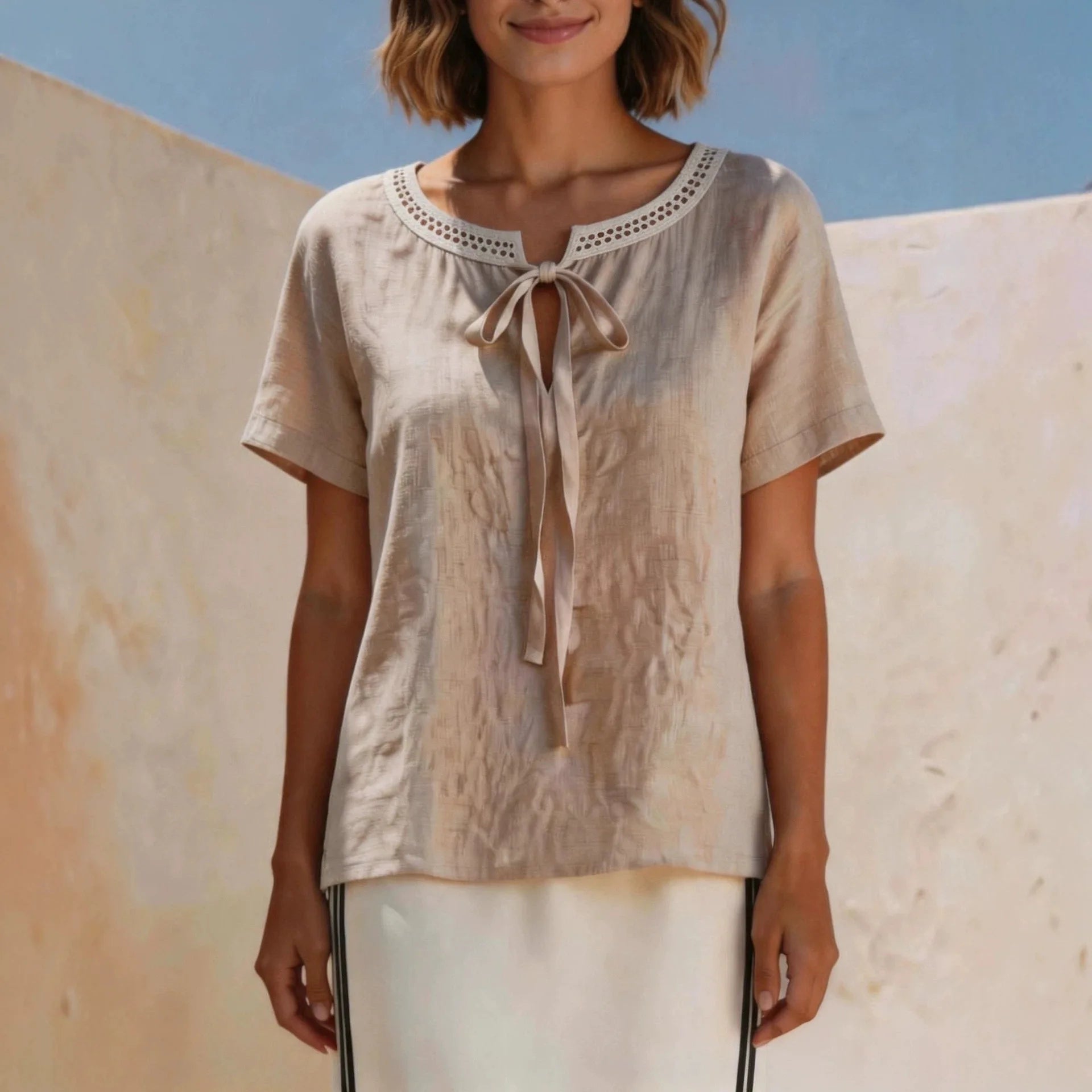 Valisse™ Blouse with Tie-Front Detail and Openwork Neckline Trim