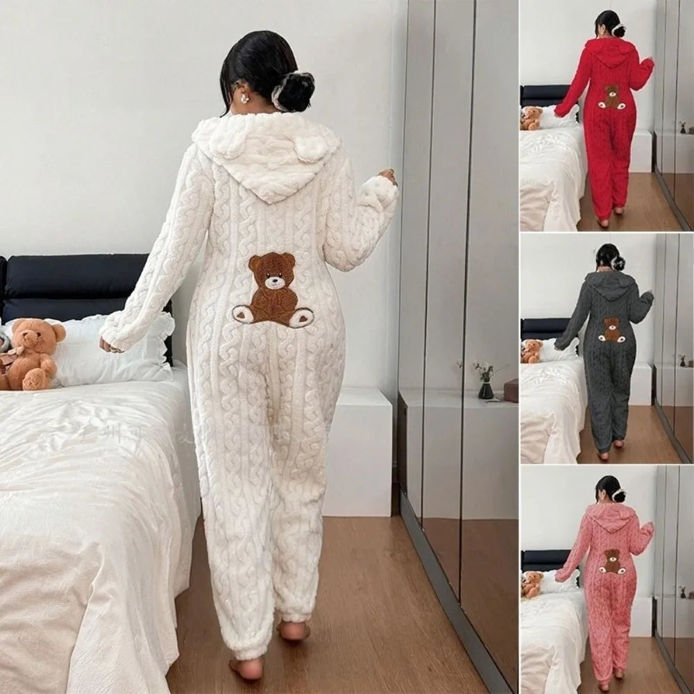 Ursina™ Plush Hooded Jumpsuit with Bear Ears and Teddy Bear Appliqué