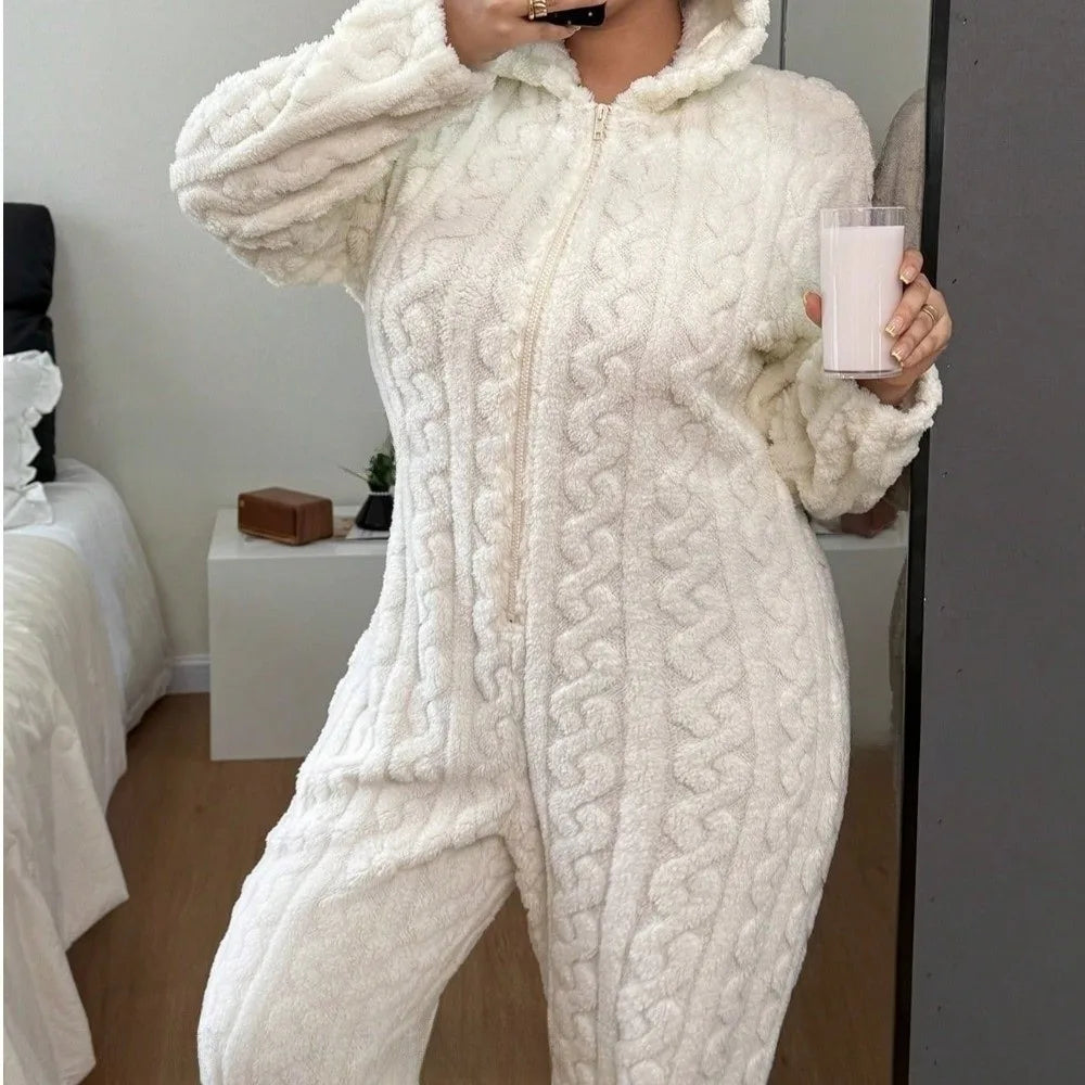 Ursina™ Plush Hooded Jumpsuit with Bear Ears and Teddy Bear Appliqué