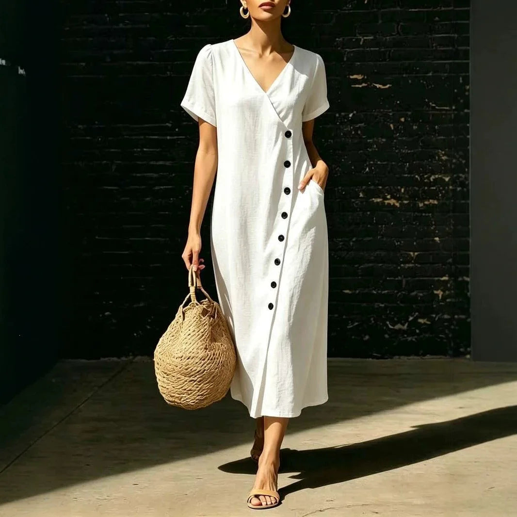 Clarisa™ V-Neck Midi Dress With Elegant Buttons