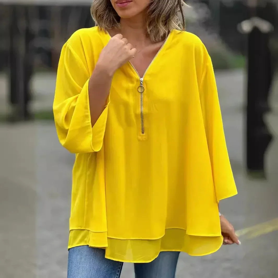 Seraphina™ Blouse in Flowing Fabric with Adjustable V-Neck and Double-Layer Hem / Lightweight, Cool, and Incredibly Versatile!