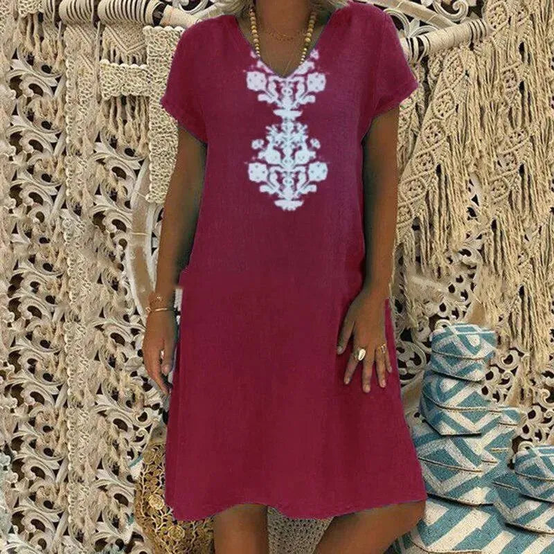 Zarelle™ Cotton Midi Dress with Ornamental Print and Relaxed Fit / Refreshing Sophistication That Flatters Your Figure in Style