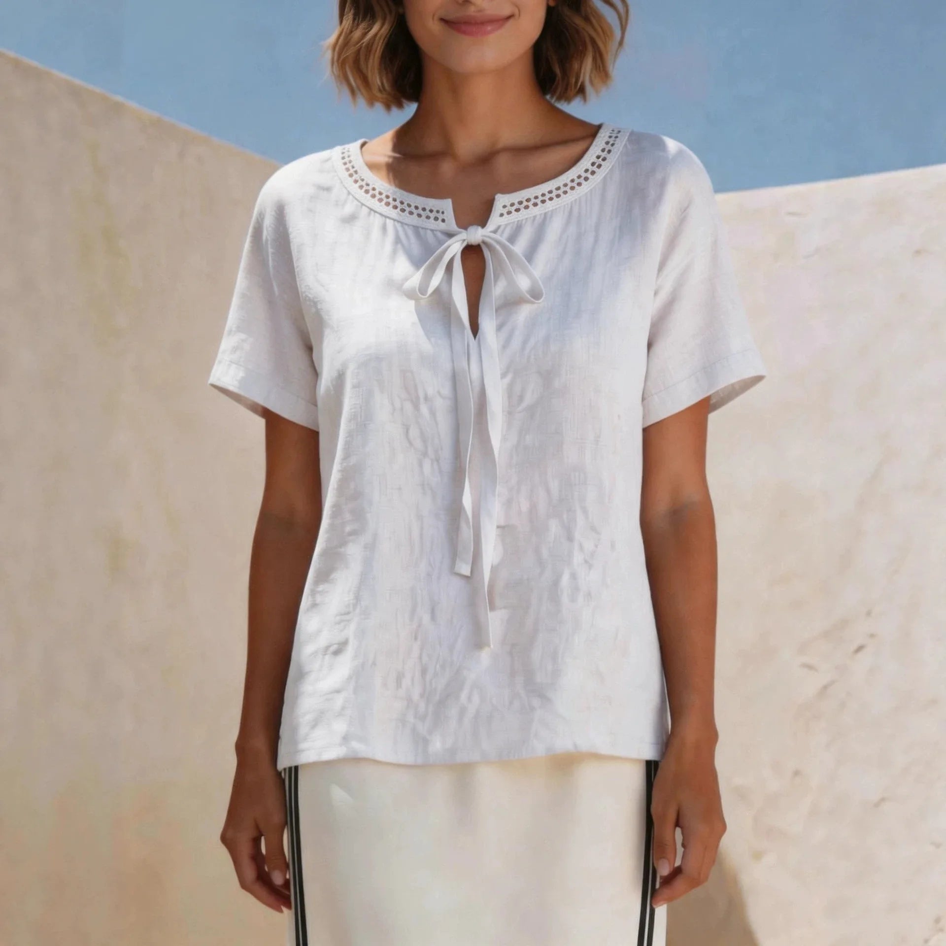 Valisse™ Blouse with Tie-Front Detail and Openwork Neckline Trim