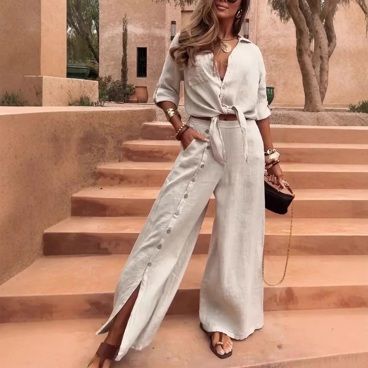 Casablanca™ Cotton Linen Set with Side Buttons / Sophistication for Sunny Days and Freedom!