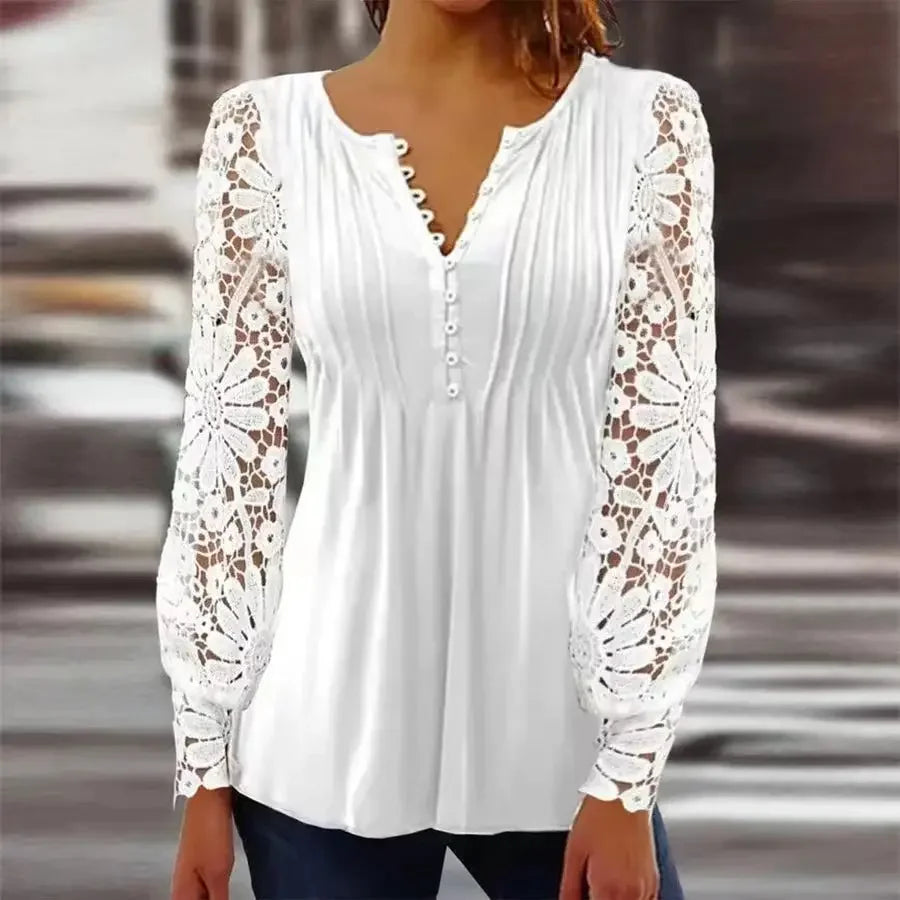 Verenice™ Blouse with Sheer Floral Lace Sleeves and Delicate Bust Pleats