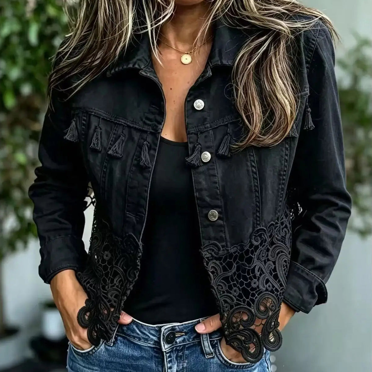 Caprielle™ Denim Jacket with Cutout Lace Hem and Tassel Details at the Bust