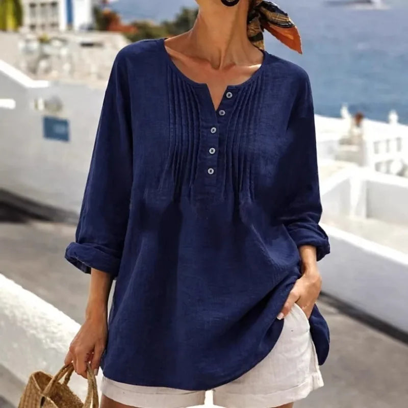 Nerea™ Blouse with Front Pleats, Buttoned Neckline and Relaxed Fit