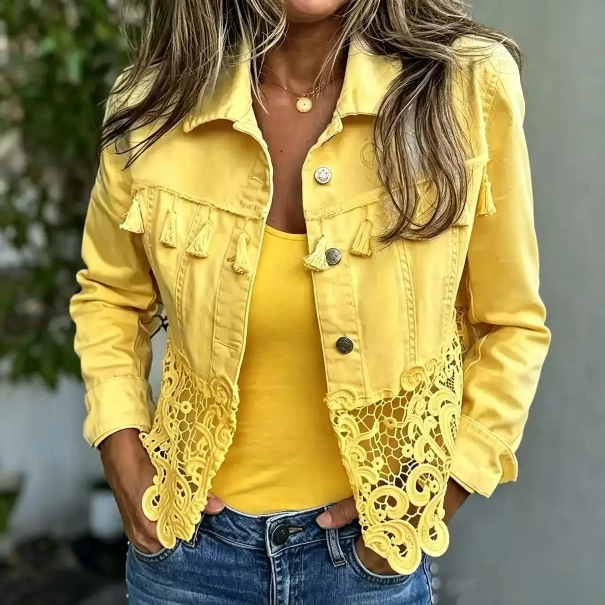 Caprielle™ Denim Jacket with Cutout Lace Hem and Tassel Details at the Bust