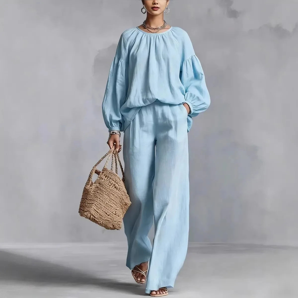Valdora™ Two-Piece Set with Puff Sleeve Blouse and Wide-Leg Pants