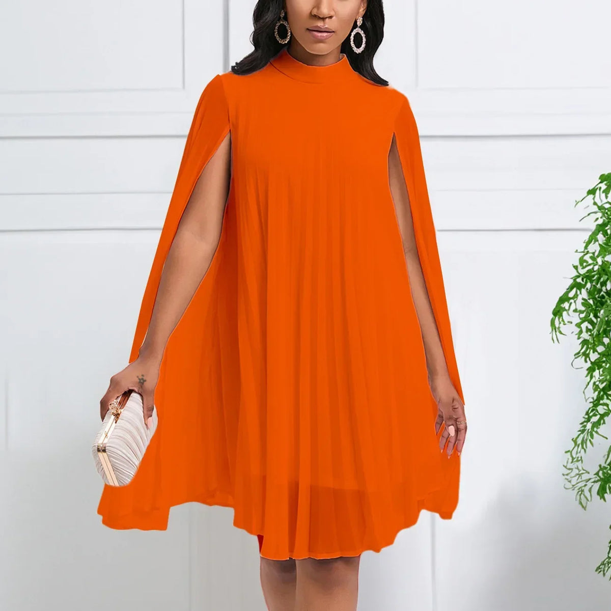 Lumera™ Dress with High Neck, Long Cape Sleeves and Fluid Drape