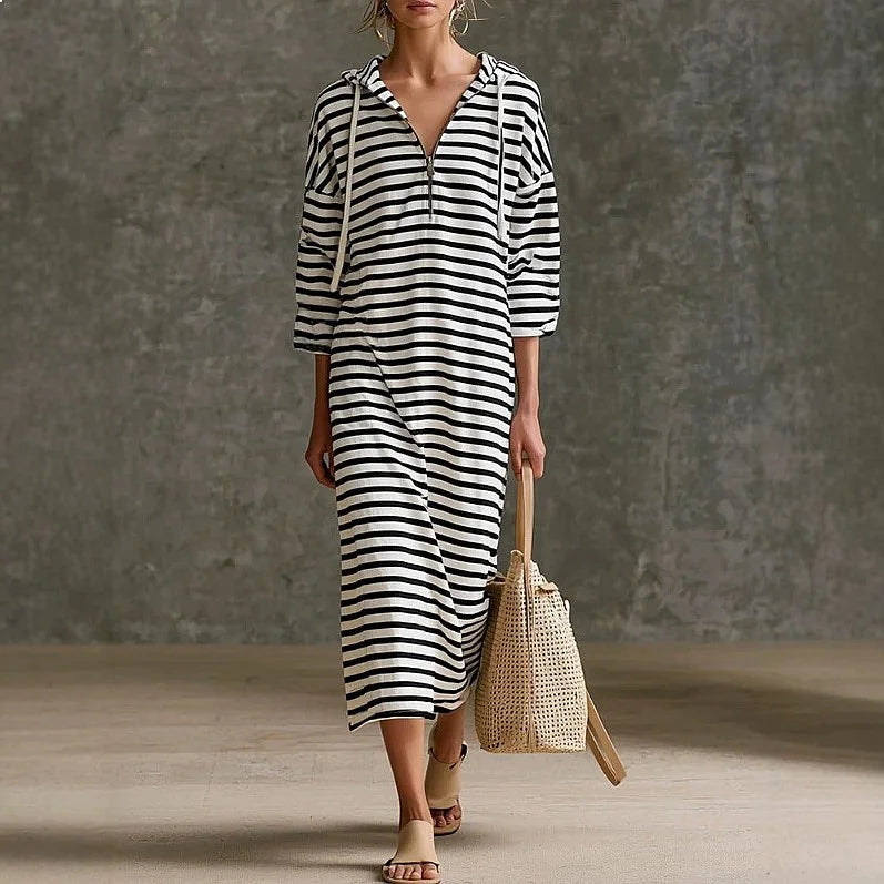 Viona™ Striped Midi Dress with Hood and Metallic-Zip V-Neckline