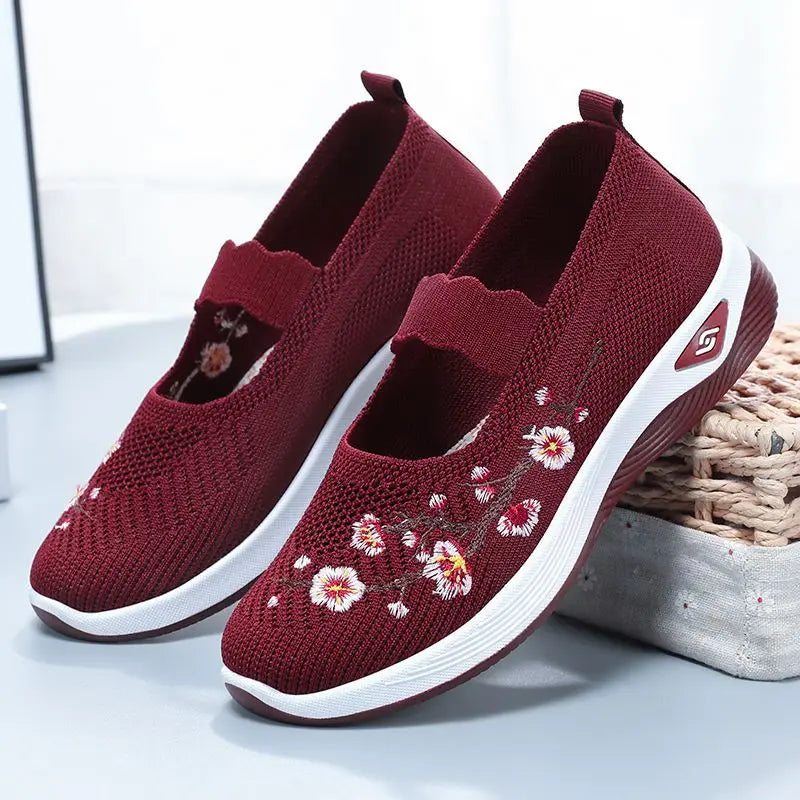 Rosalie™ Mary Jane Sneakers with Breathable Knit and Floral Embroidery