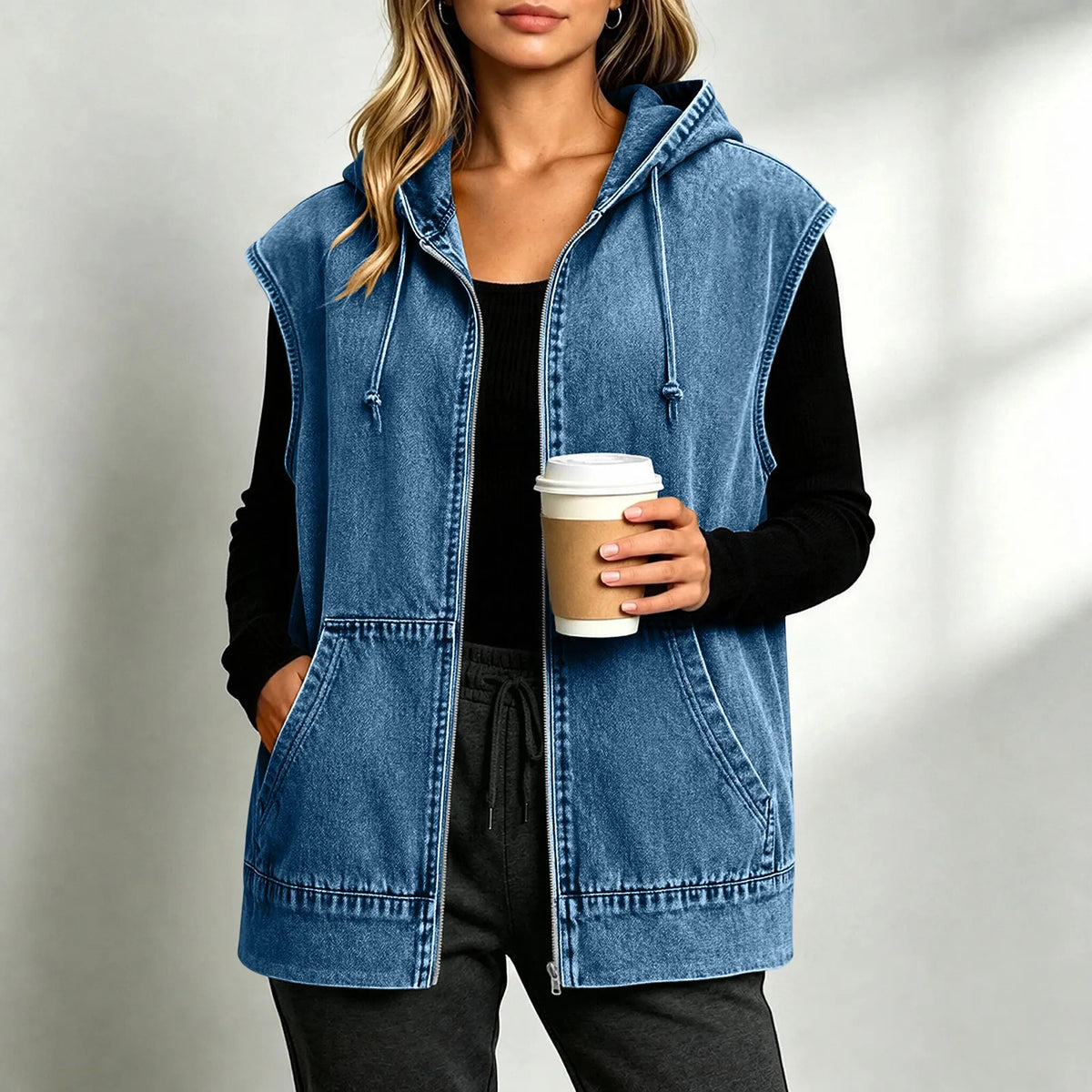 Denim Vest Winslow™ with Adjustable Hood, Front Zipper and Oversized Fit