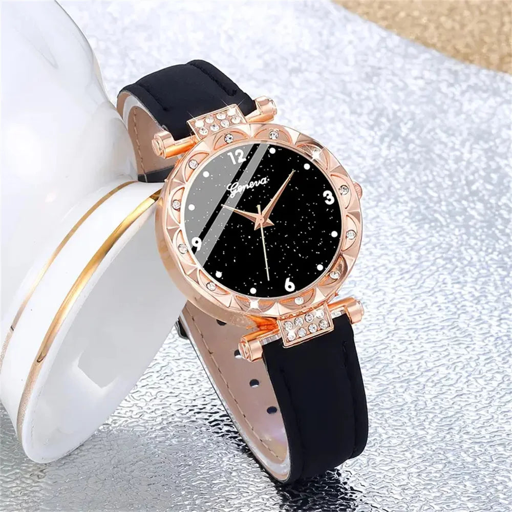 [🔥Buy 1, Get 2 FREE – Last Day of the Promotion ]  4-Piece Golden Watch Set with Matching Necklace, Earrings, Ring & Bracelet / Complete Your Look with Effortless Elegance