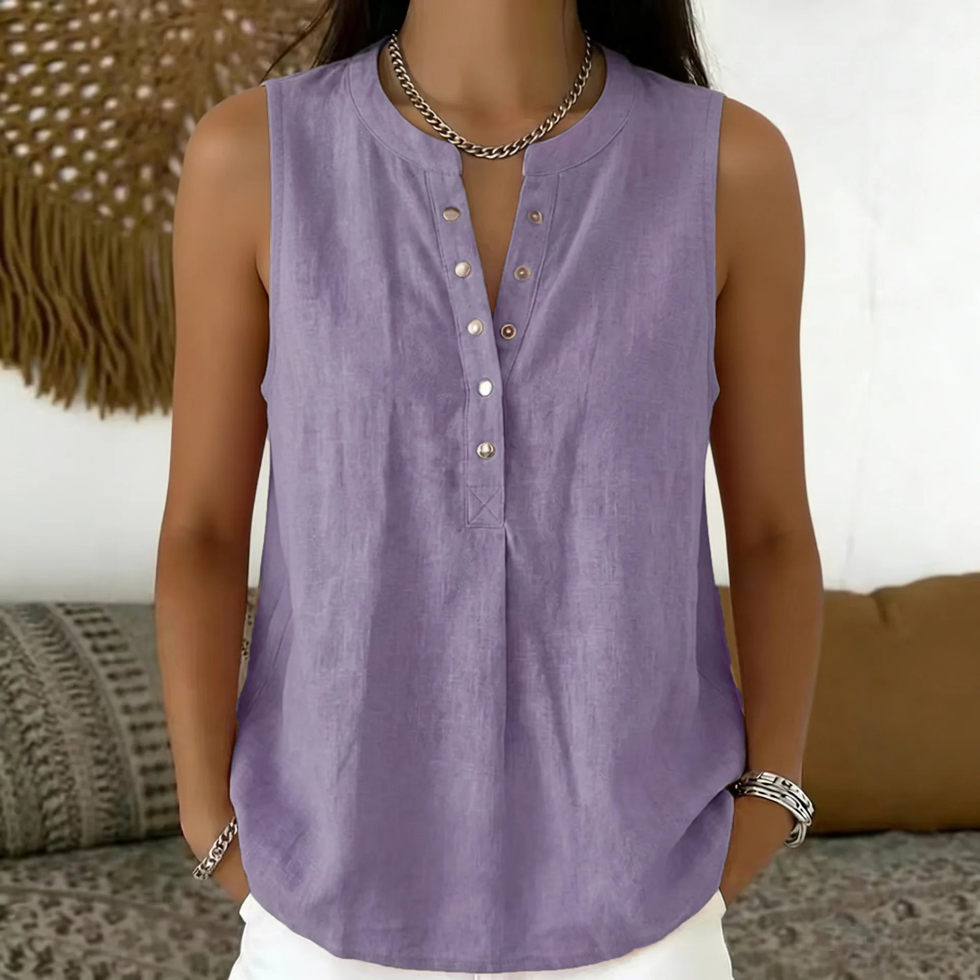 Blouse Emily™ with Round Neckline, Button-Front Detail and Sleeveless Cut