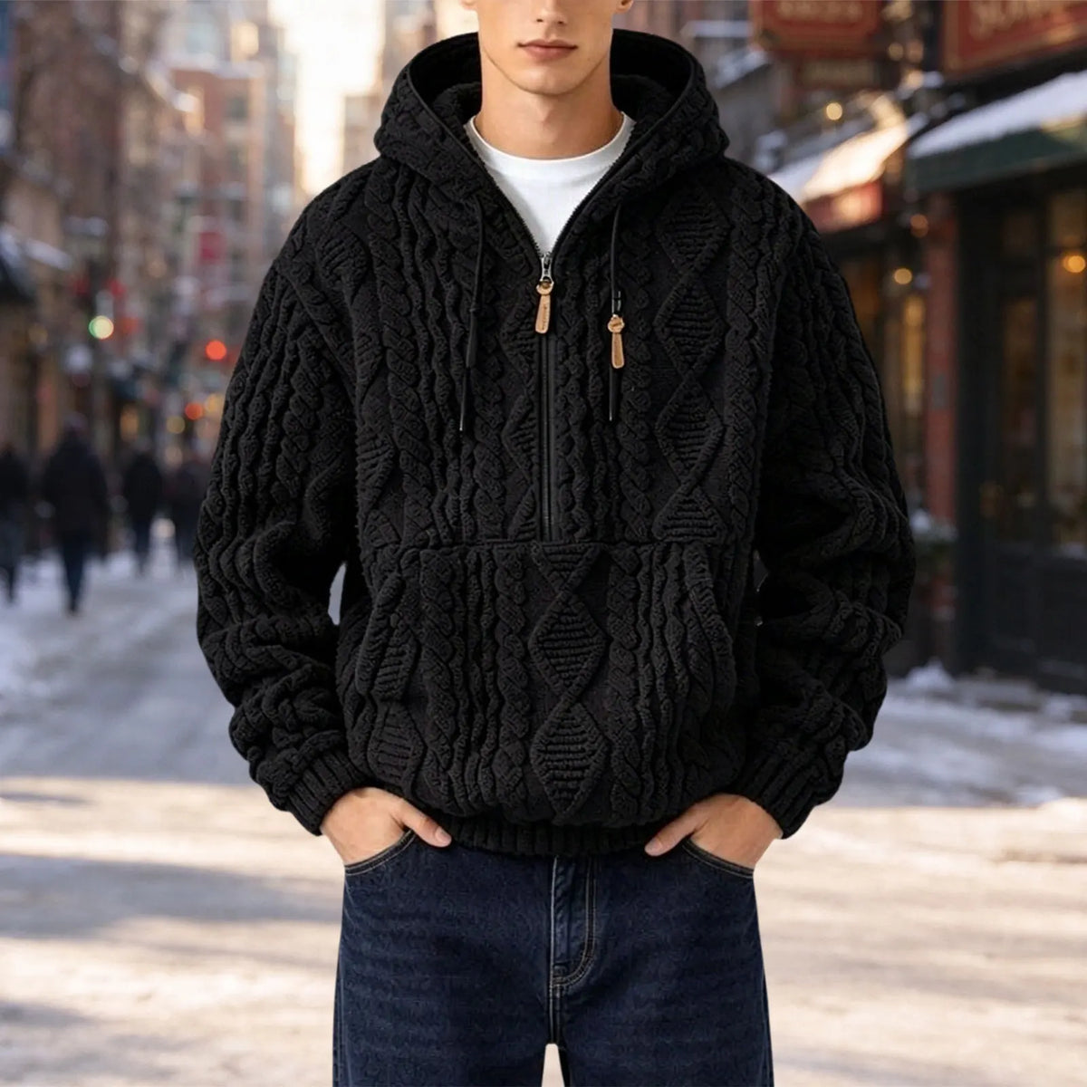 Everett™ Cable Knit Hoodie with Half-Zip Front and Oversized Hood