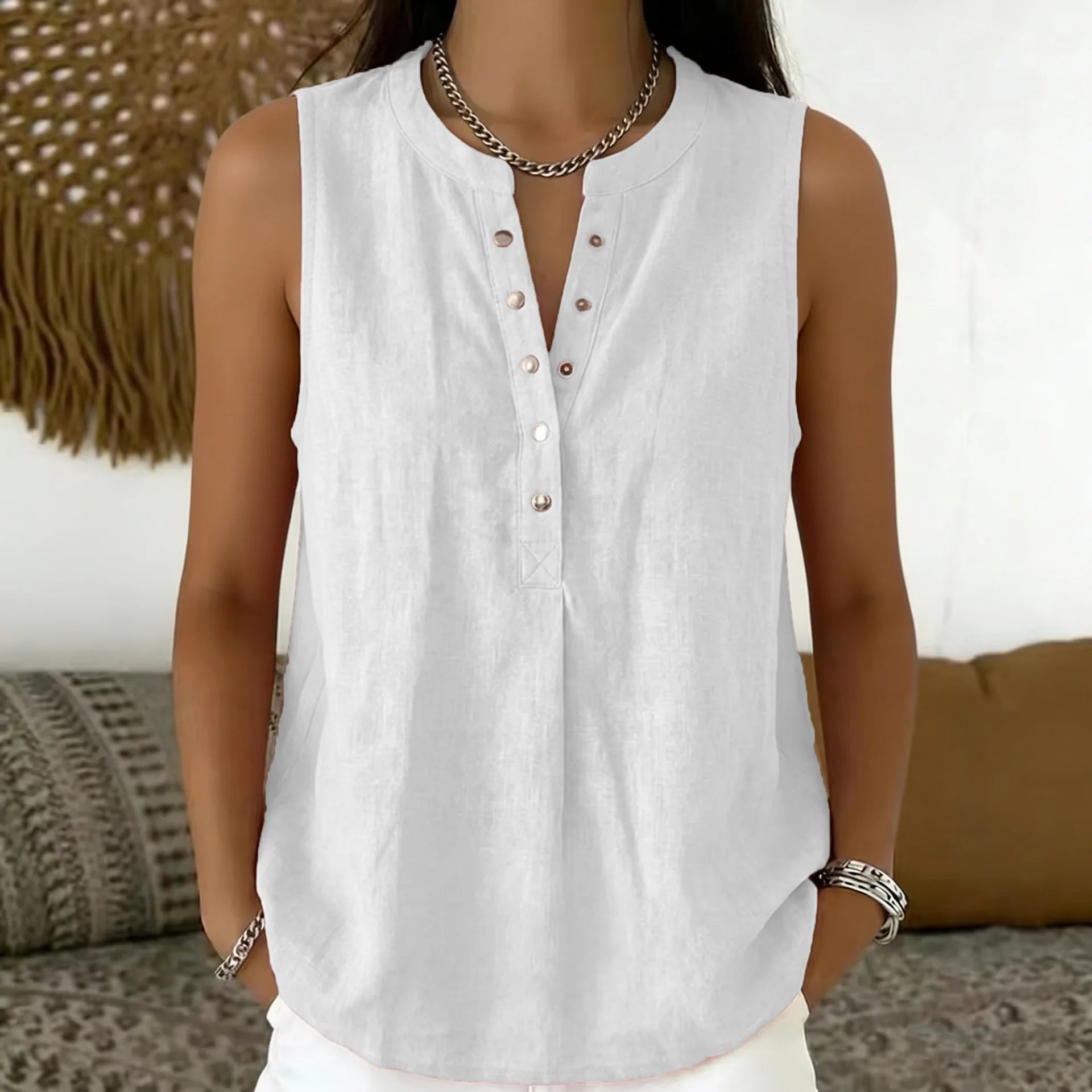 Blouse Emily™ with Round Neckline, Button-Front Detail and Sleeveless Cut