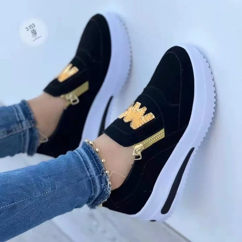 Zarelli™ Slip-On Sneakers with Quilted Panels, Metallic Side Zipper, and Gold-Tone Detail