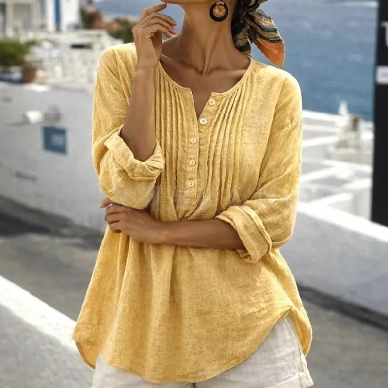 Nerea™ Blouse with Front Pleats, Buttoned Neckline and Relaxed Fit