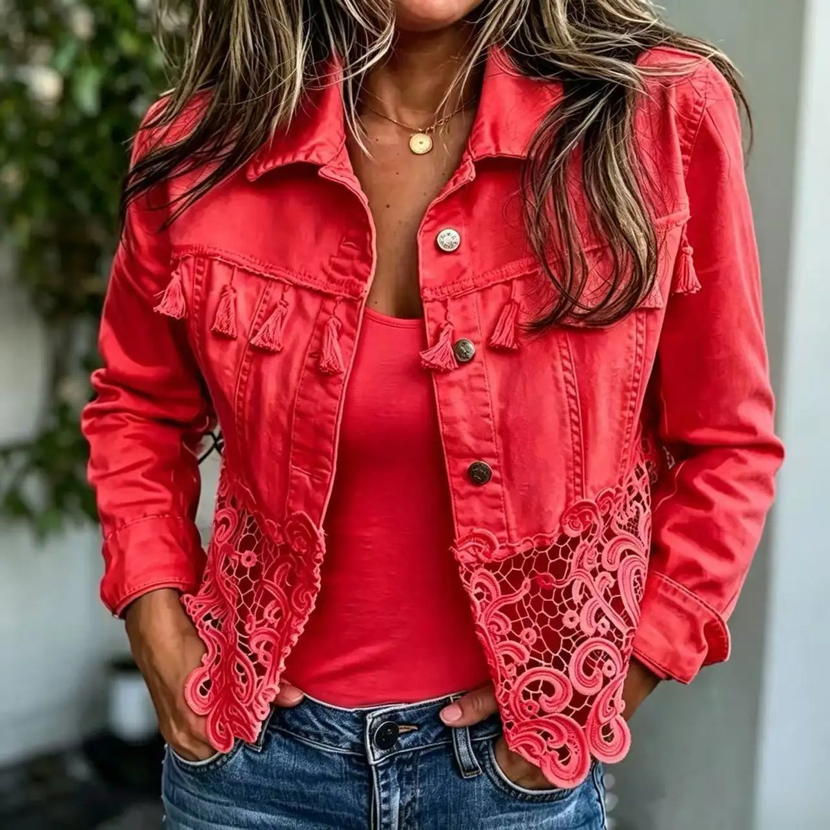 Caprielle™ Denim Jacket with Cutout Lace Hem and Tassel Details at the Bust