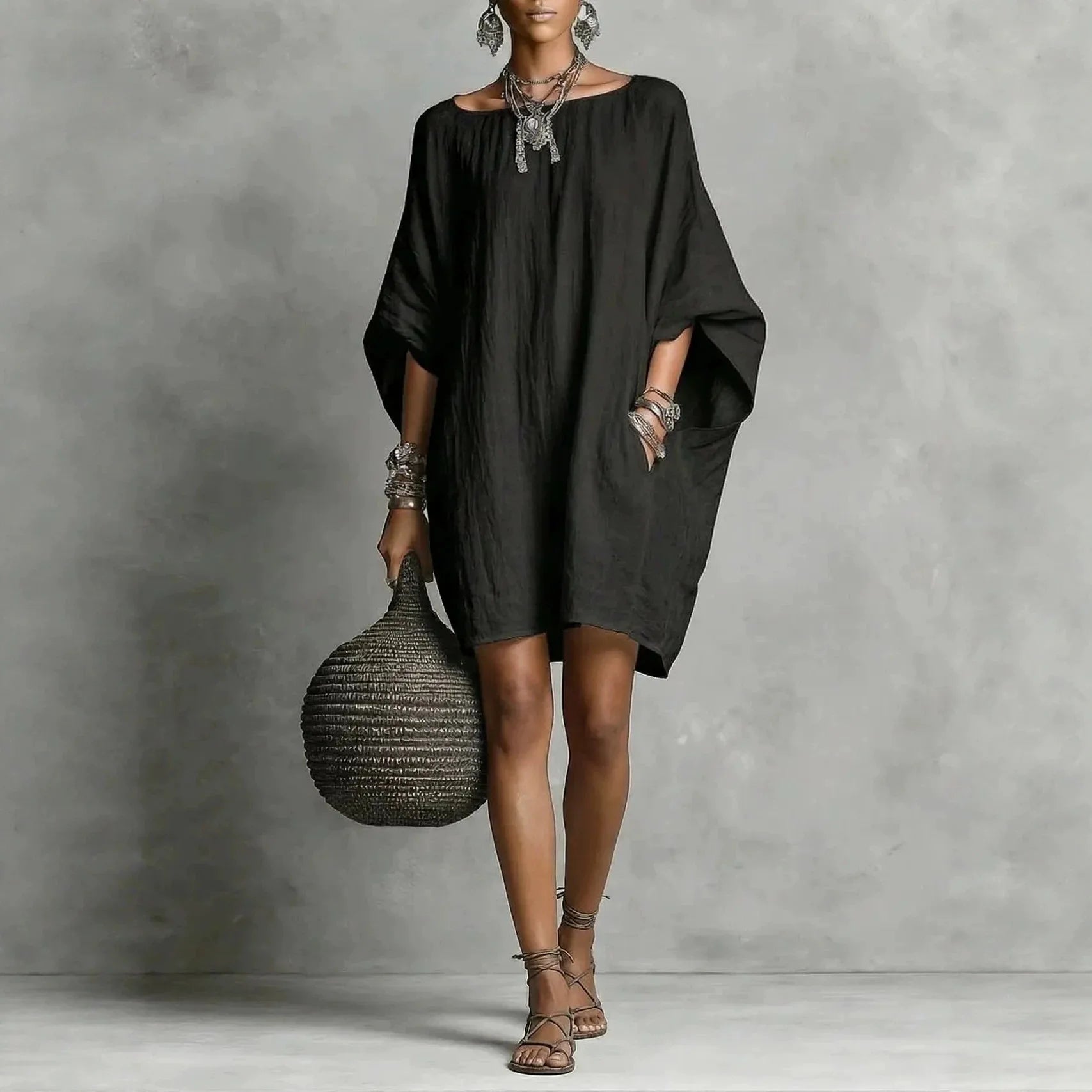 Lydia™ Cotton-Linen Dress with a Relaxed Fit and Round Neckline