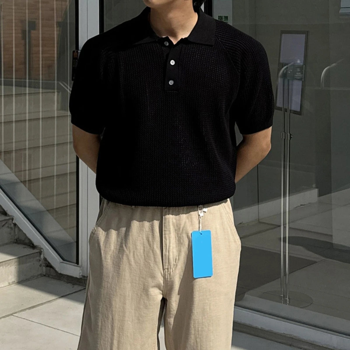 Varello™ Textured Knit Polo with Classic Collar and Front Buttons