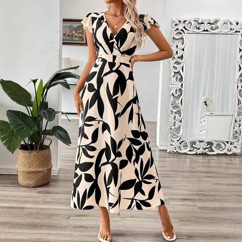 Dress Sabrina™ with a High-Contrast Print, V-Neckline, and Maxi Length