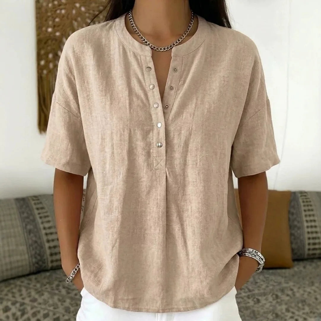 Ambrina™ Cotton-Linen Blouse with Delicate Front Buttons at the Neckline and Relaxed Fit