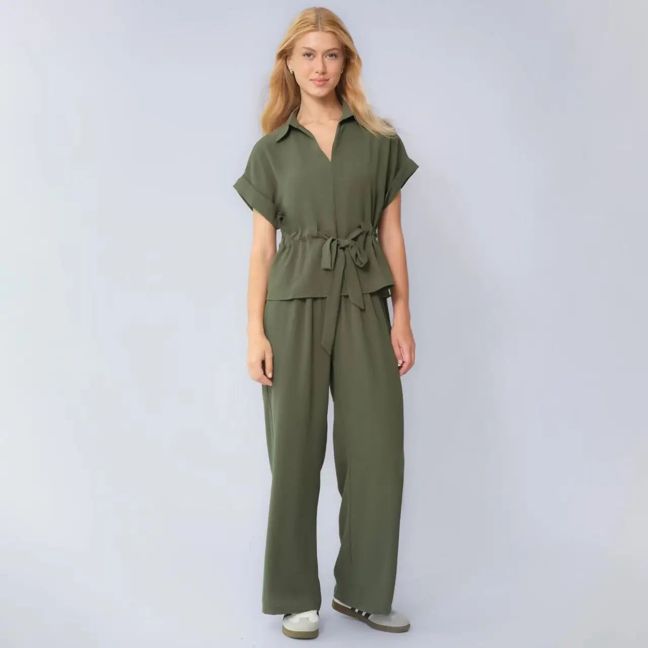 Two-Piece Set Cambria™ with Tie-Waist Top and Wide-Leg Pants.