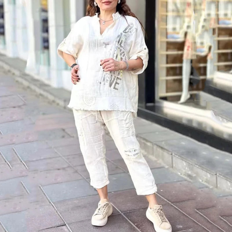 Vogue Street™ Cotton Linen Set with Metallic Print and Embroidered Cargo Pants / The Perfect Balance Between Comfort and Contemporary Style!