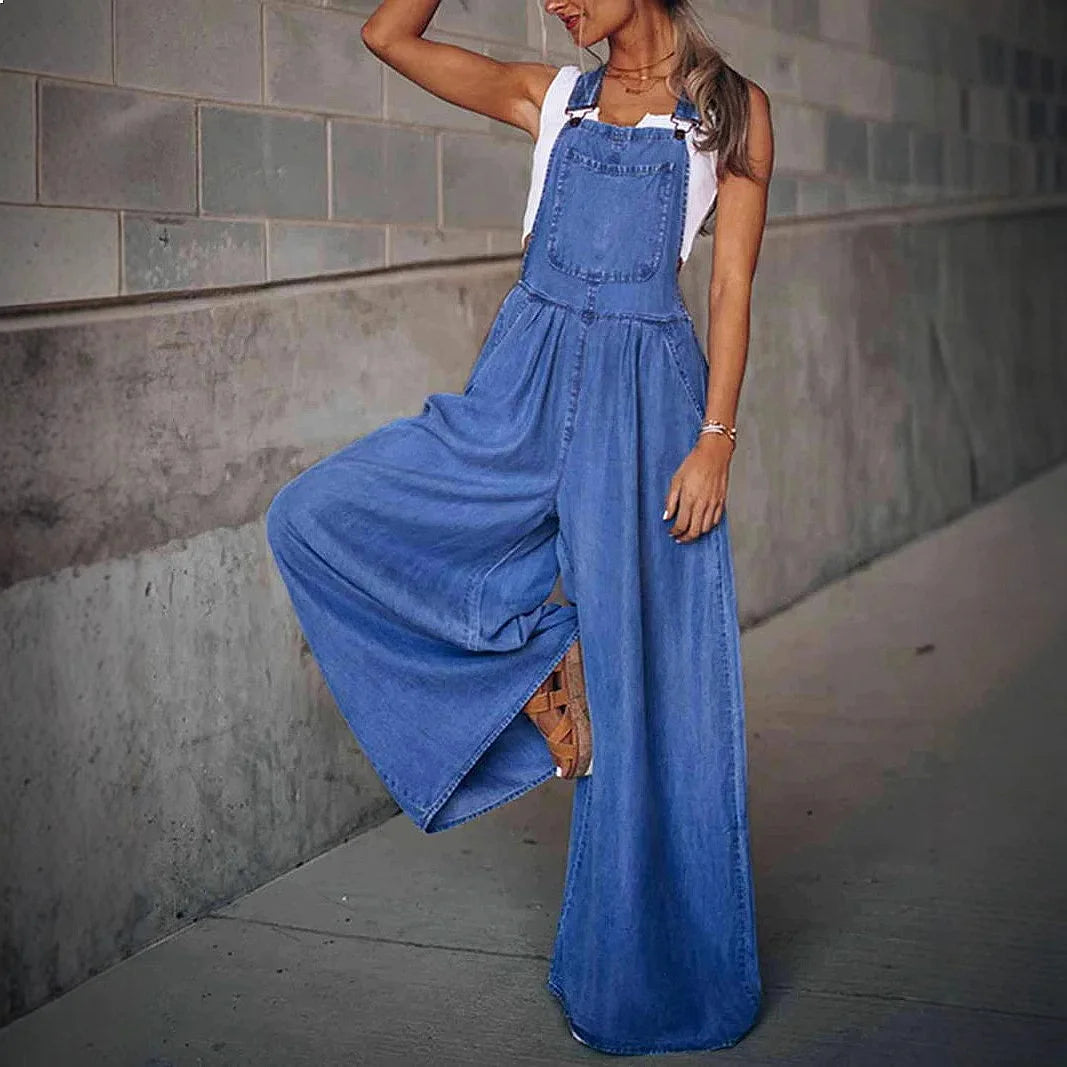 Belmira™ Denim Jumpsuit with Wide-Leg Fit and Charming Buckle Straps