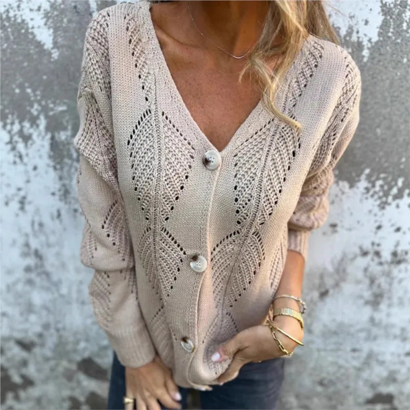 Vivienne™ Open-Knit Reversible Sweater with Double V-Neck and Button Detail / The Open-Knit Touch that Combines Comfort and Sophistication!