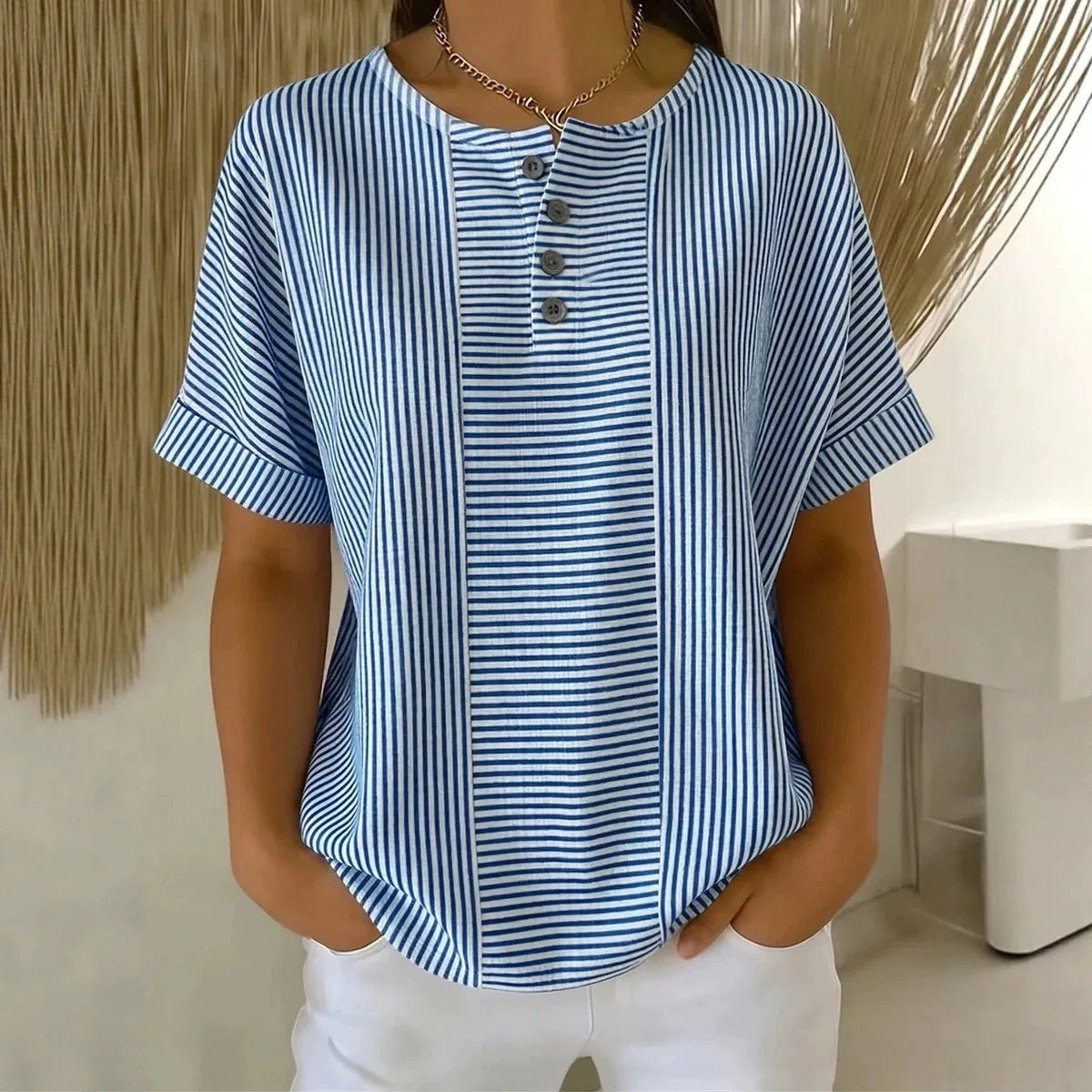 Euddora™ Blouse With Delicate Stripes and Front Buttons