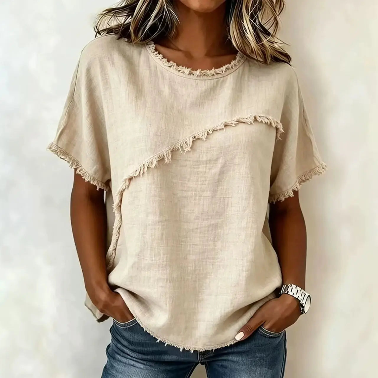 Verena™ Blouse with Asymmetrical Paneling and Frayed Trim