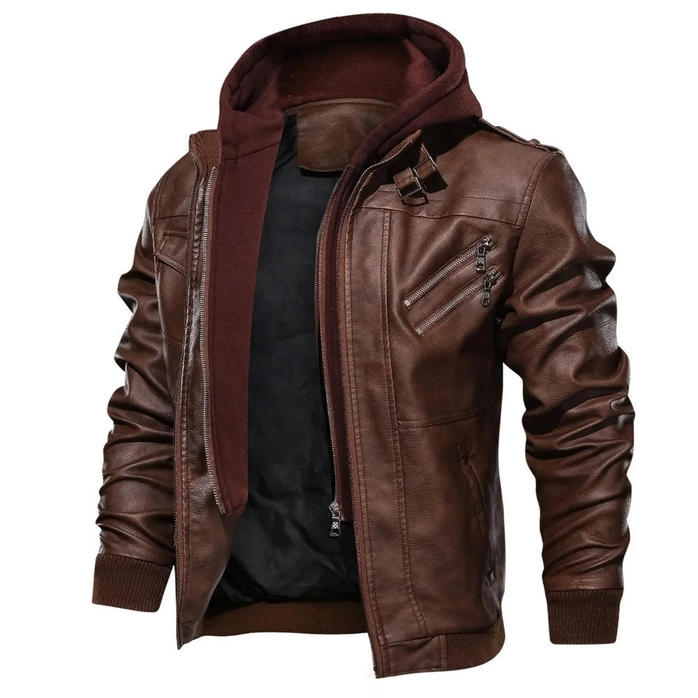 WolfRider™ Jacket in Premium Leather with Removable Hood and Strategic Pockets / The Style of a Man Who Owns the Cold!