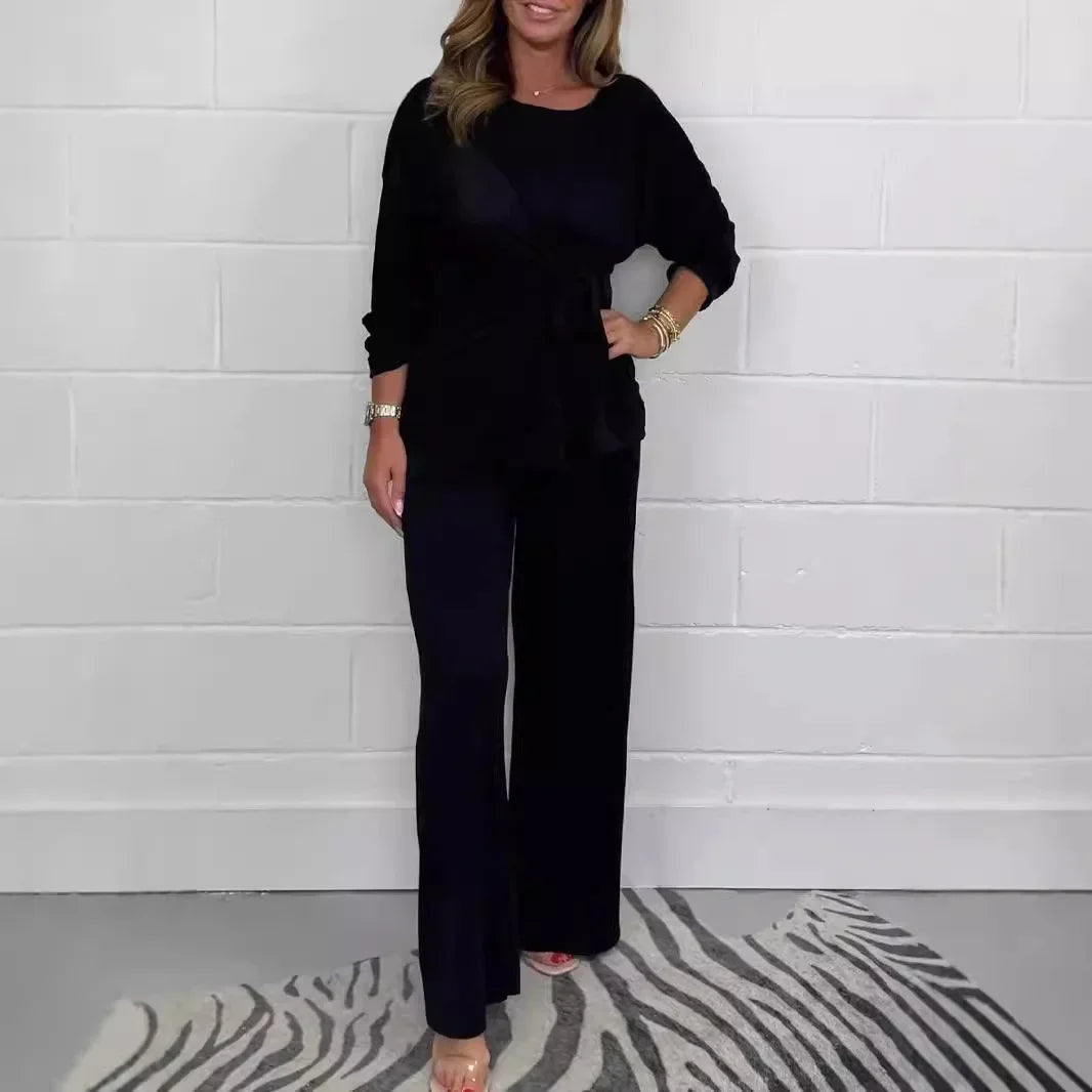 BlissLounge™ Premium Knit Set with Front Tie Blouse and Flowing Pants / The Wild Card Piece of the Modern Wardrobe!