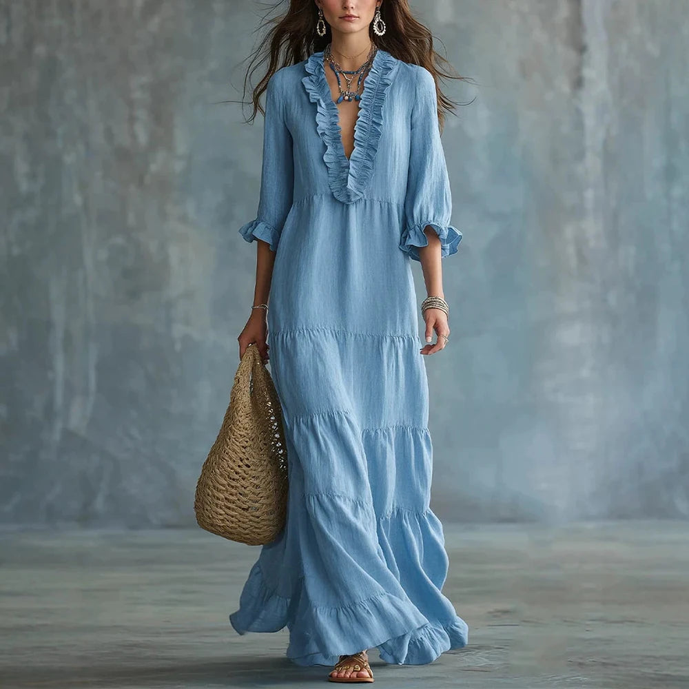 Elviane™ Long Dress with Ruffled V-Neck, Tiered Skirt and 3/4 Sleeves