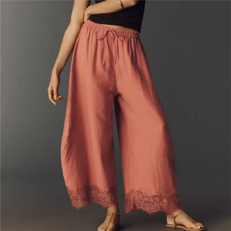 Vallena™ Wide-Leg Pants with Lace Hem and Adjustable Elastic Waist