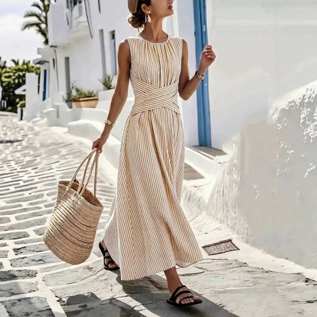 Alessine™ Striped Dress with Crossed Waist Detail