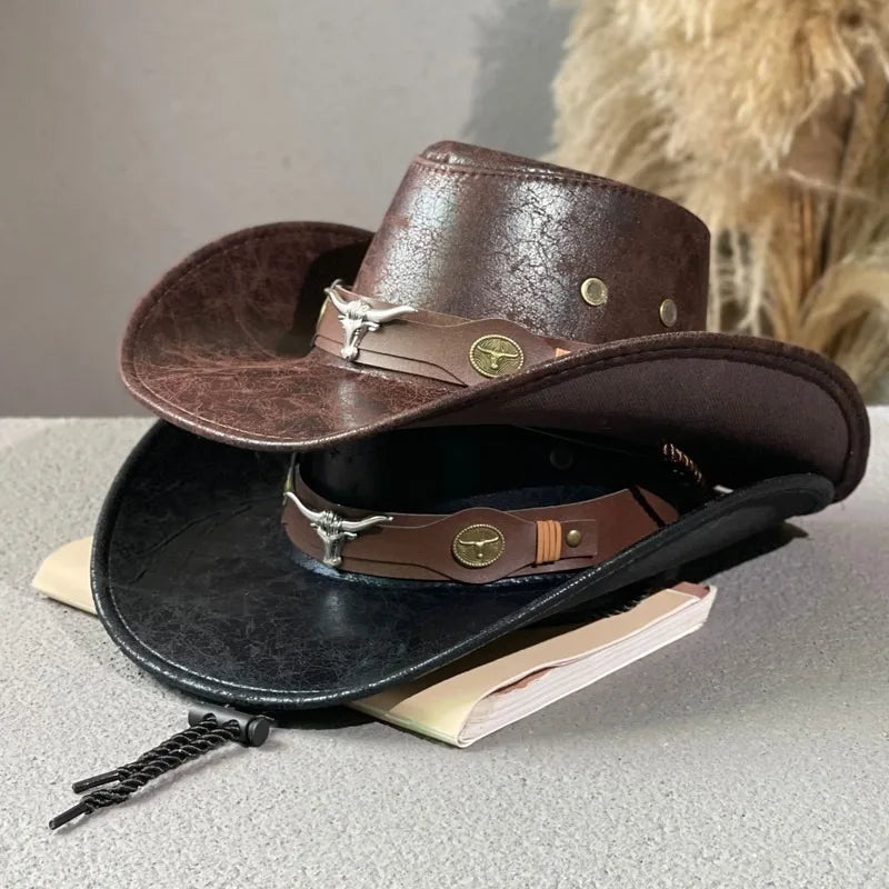 Cowboy Hat Stoneford™ in Premium Leather with a Distressed Finish and Metal Accents