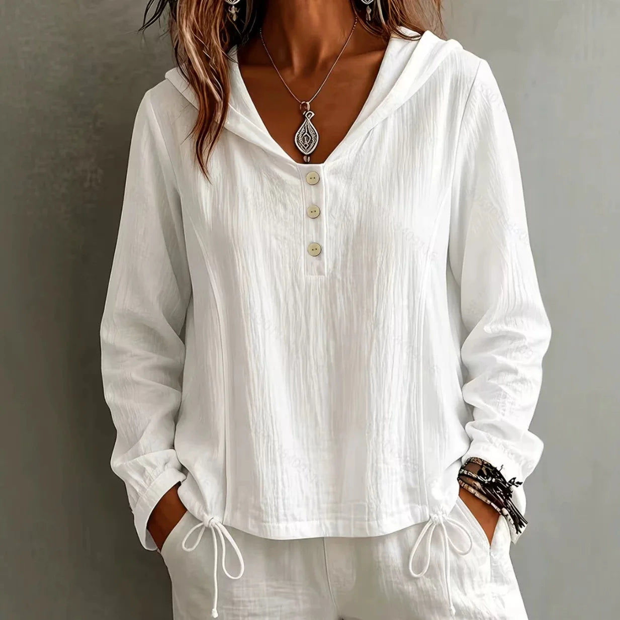 Blouse Danielle™ with Hood, Button-Front and Drawstring Hem