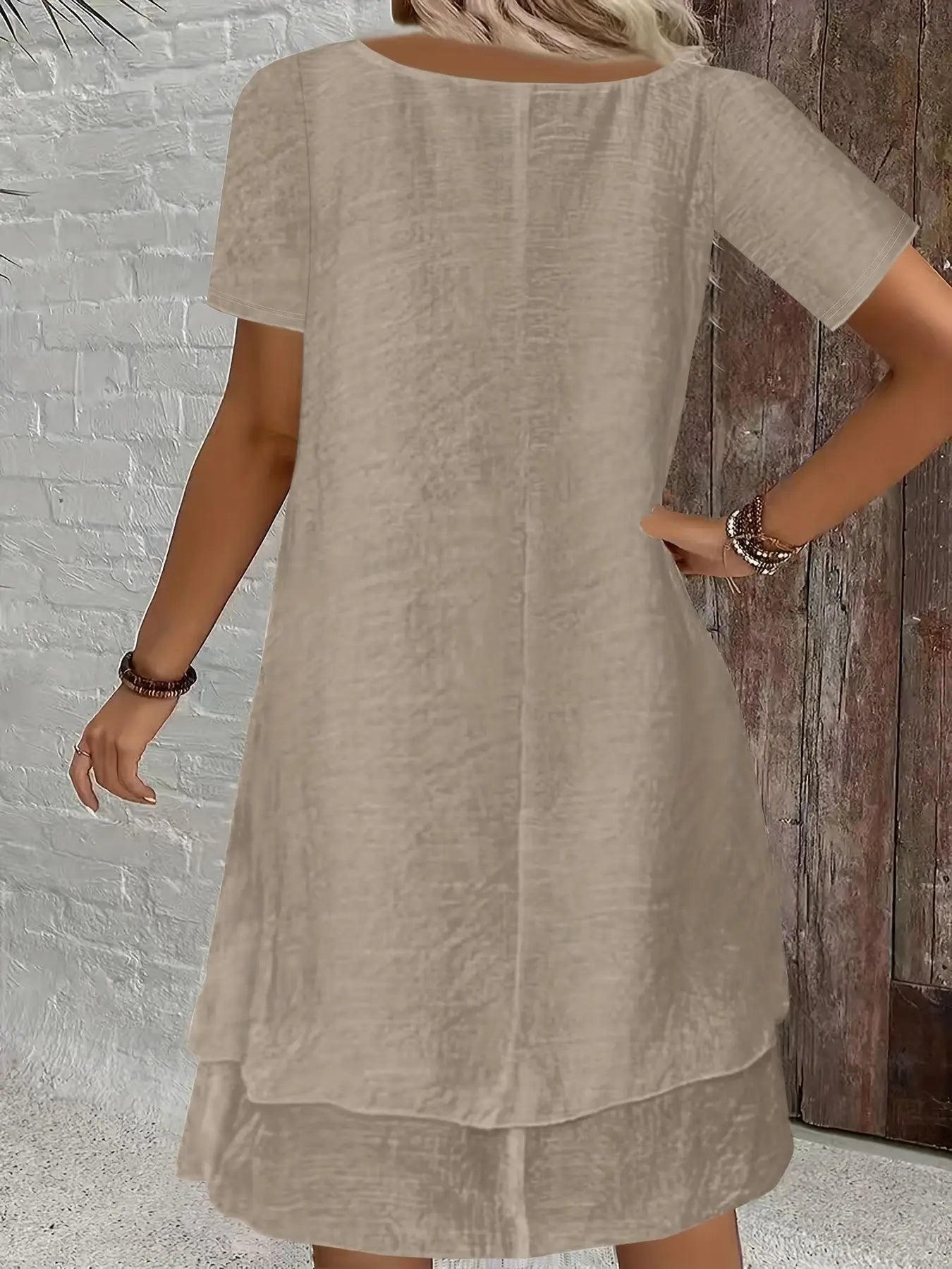 Elara™ Midi Dress with Elegant Neckline, Short Sleeves and Layered A-Line Skirt