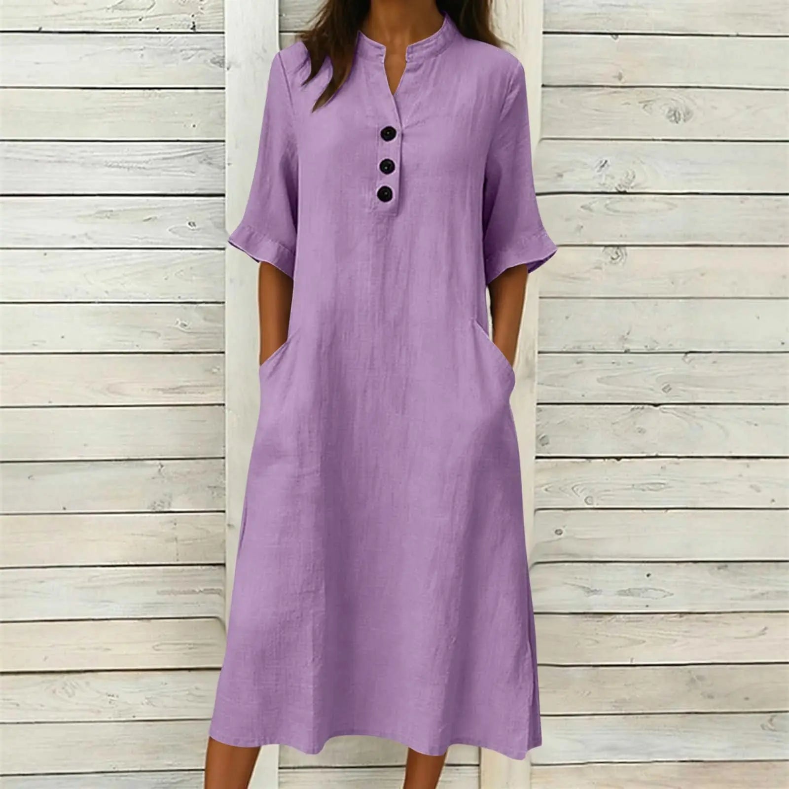 Dress Julia™ in Cotton with Stand Collar, Button Front and Pockets