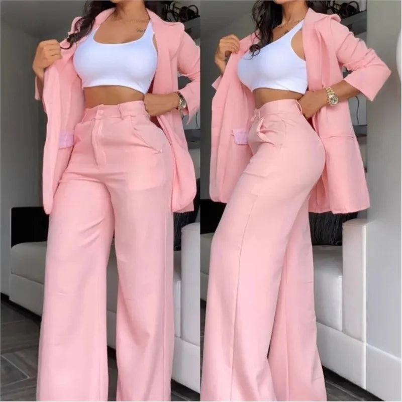 Marcelle™ Women's Blazer and Wide-Leg Pants Set with High-Waisted Design