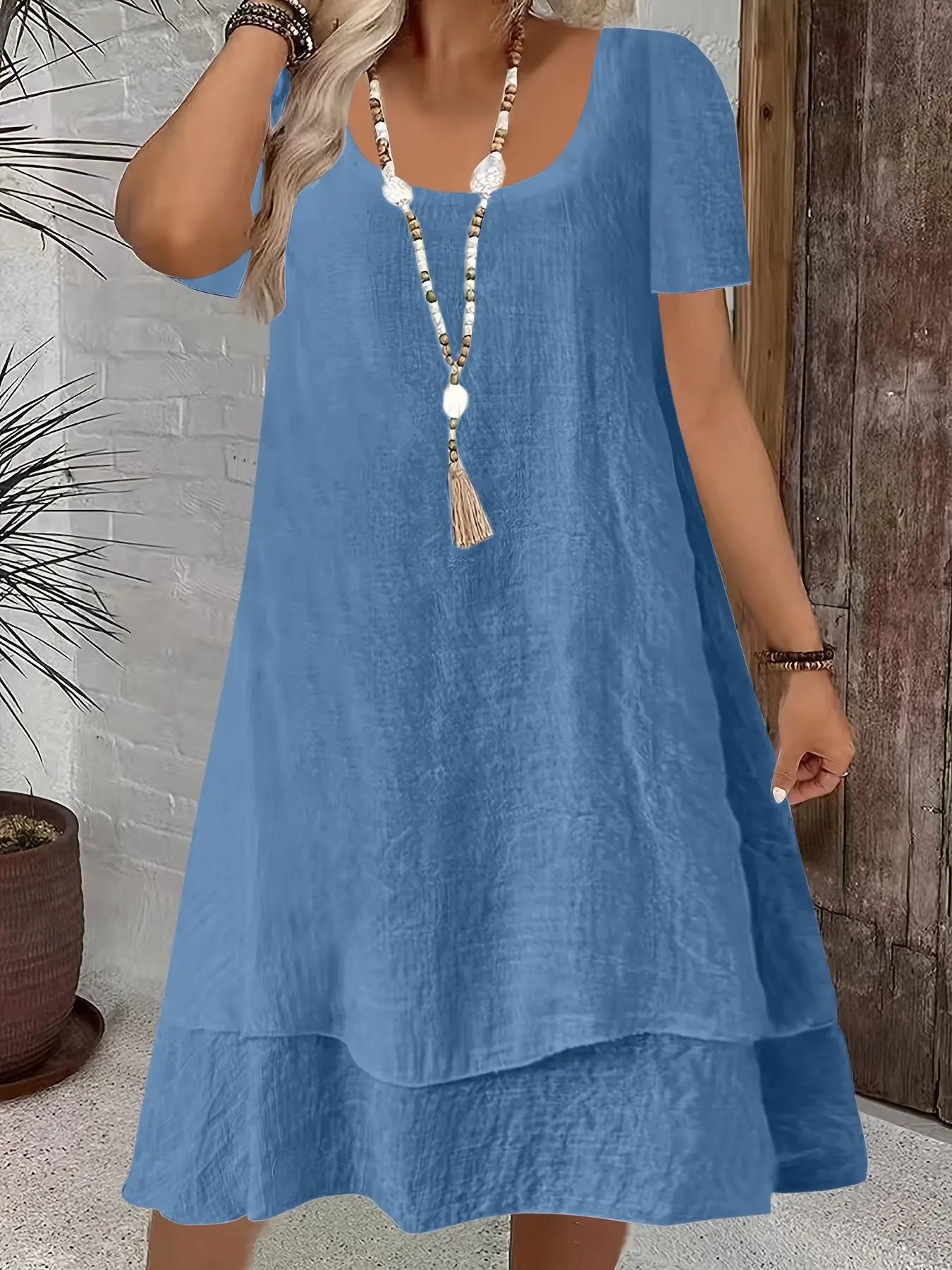 Elara™ Midi Dress with Elegant Neckline, Short Sleeves and Layered A-Line Skirt
