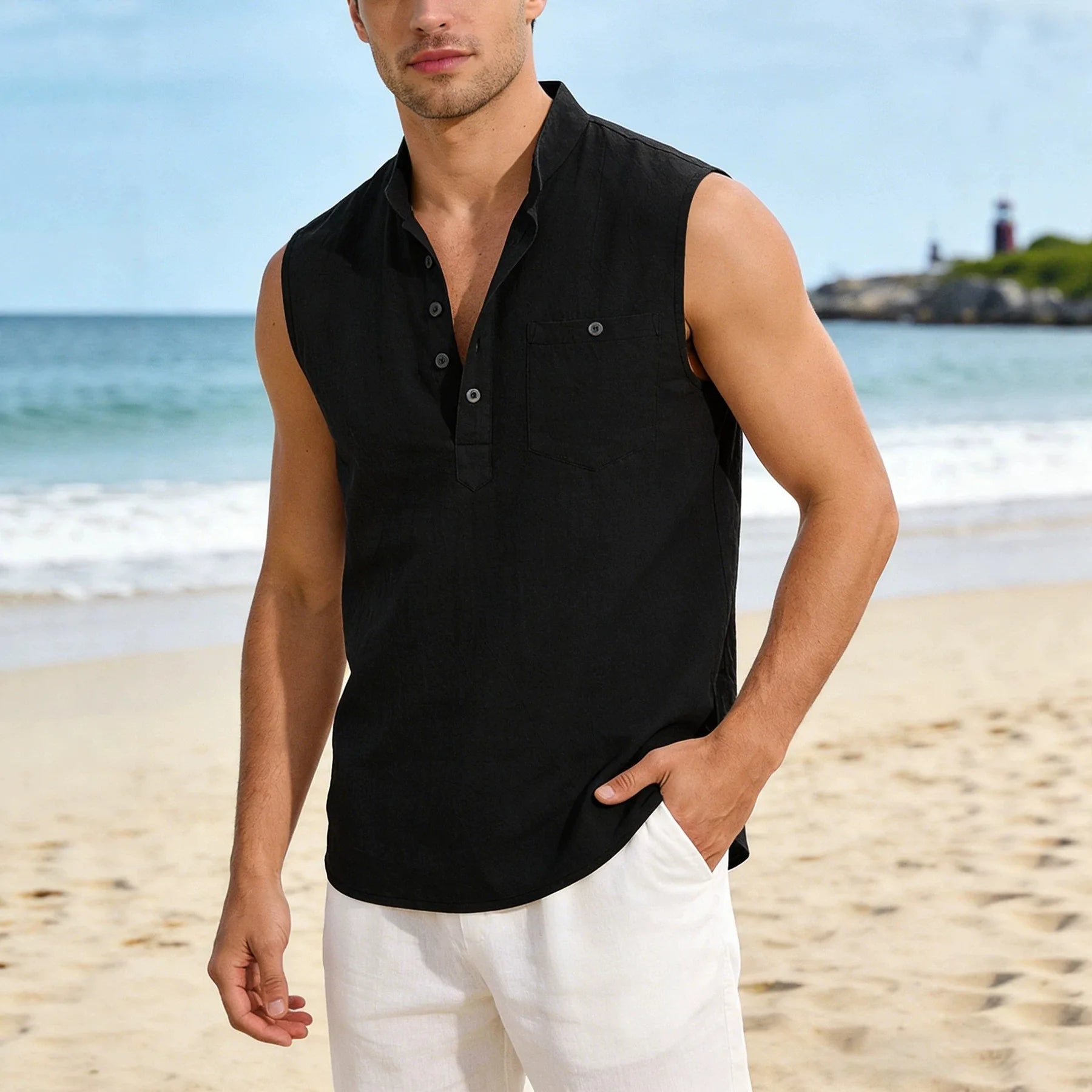 Sebastien™ Cotton Linen Sleeveless Shirt with Mandarin Collar